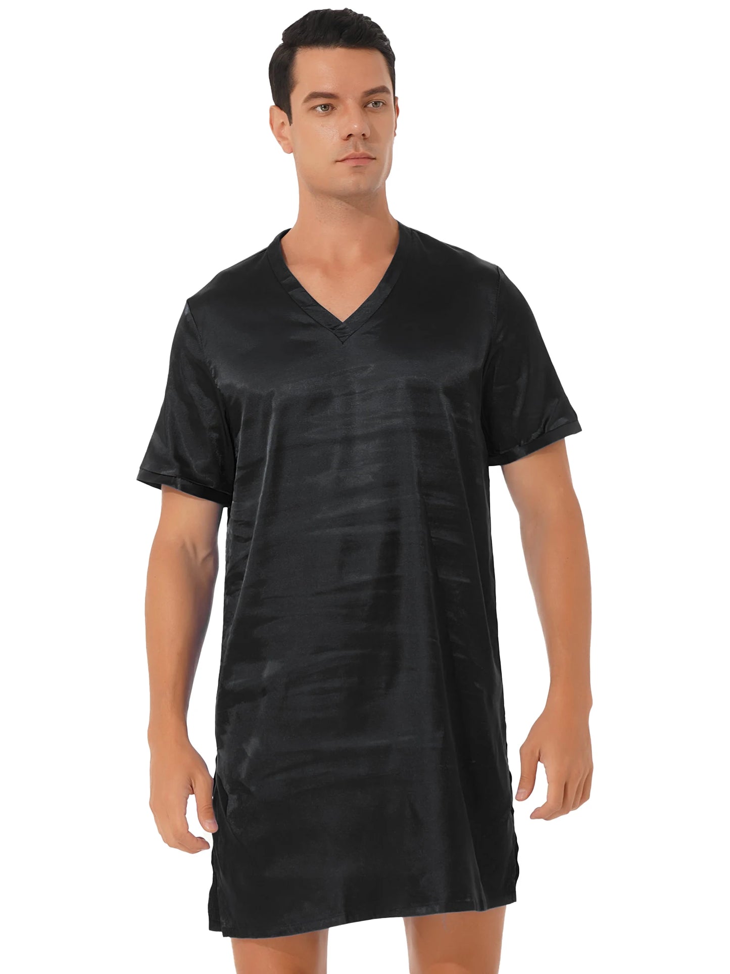 Women Men Silk Satin Pajamas Sleepwear Short Sleeves Nightshirt Kimono Bathrobe Sleep Gown Robe Summer Nightgown Homewear