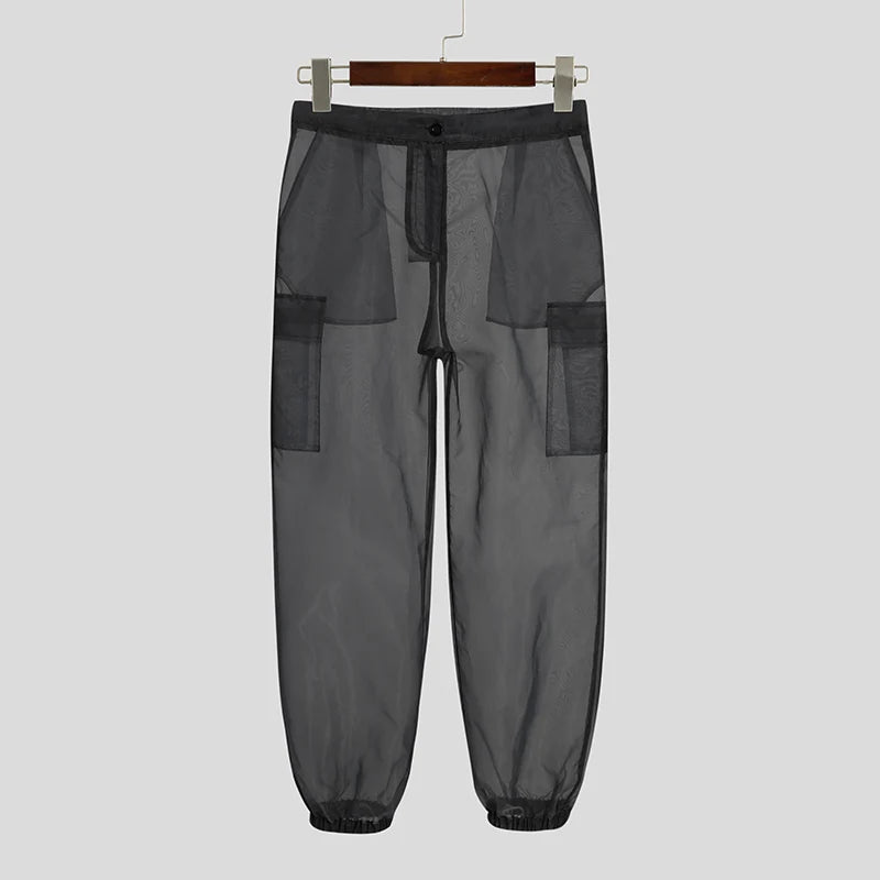 INCERUN Men Mesh Sleep Bottoms 2024 Lace Transparent Drawstring Sexy Homewear Pockets Breathable Trousers Male Sleep Pants S-5XL