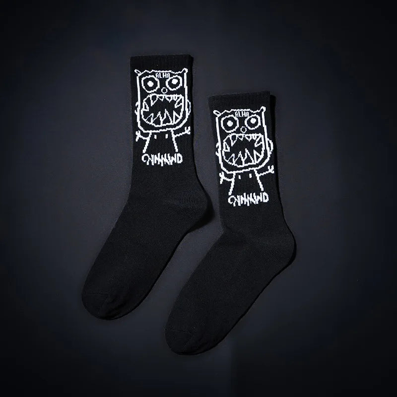 Cartoon Men Print Pattern White Black Hip Hop Breathable Mid Tube Socks Skateboard Short Socks Harajuku Mens Soks Calcetines Sox