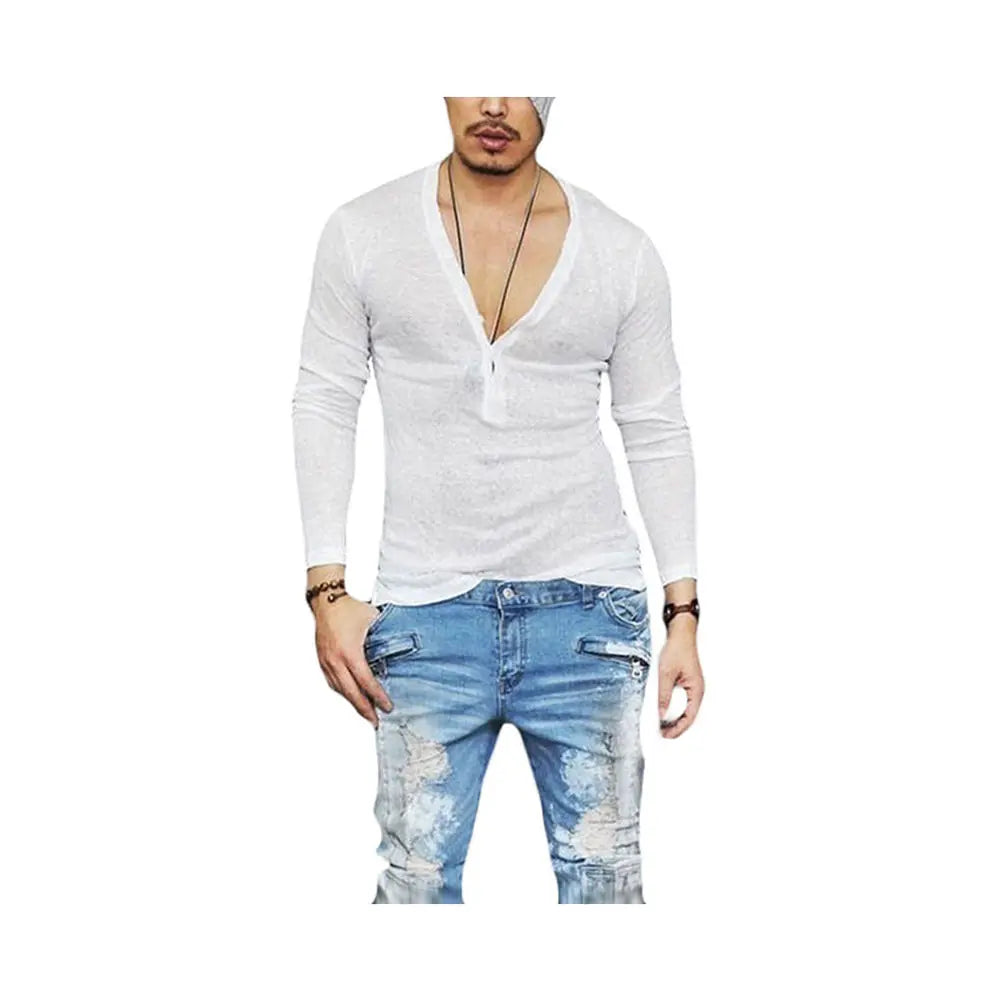 US 2023 Men'S Stock Fashion Casual Slim Men'S Breathable Tops Long-Sleeved Deep V-Neck Sexy Shirt T-Shirt