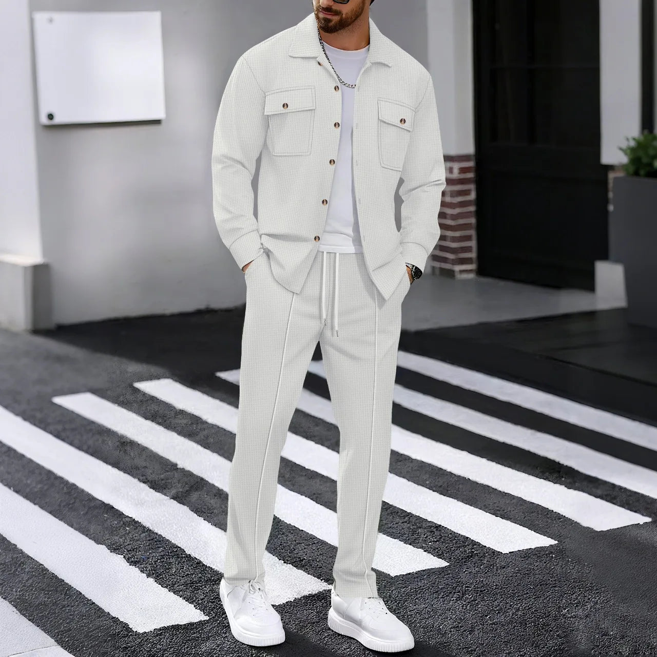New men's solidcolor waffle longsleeved pants set high quality fashionable comfortable with doublepocketsworkwearstyle cardigan