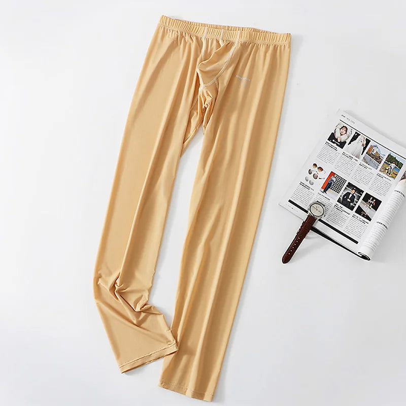 Mens Ice Silk Long Johns Homme Sleepwear Underwear Bottom Trousers Ultra-Thin Thermal Underwear Bottoms