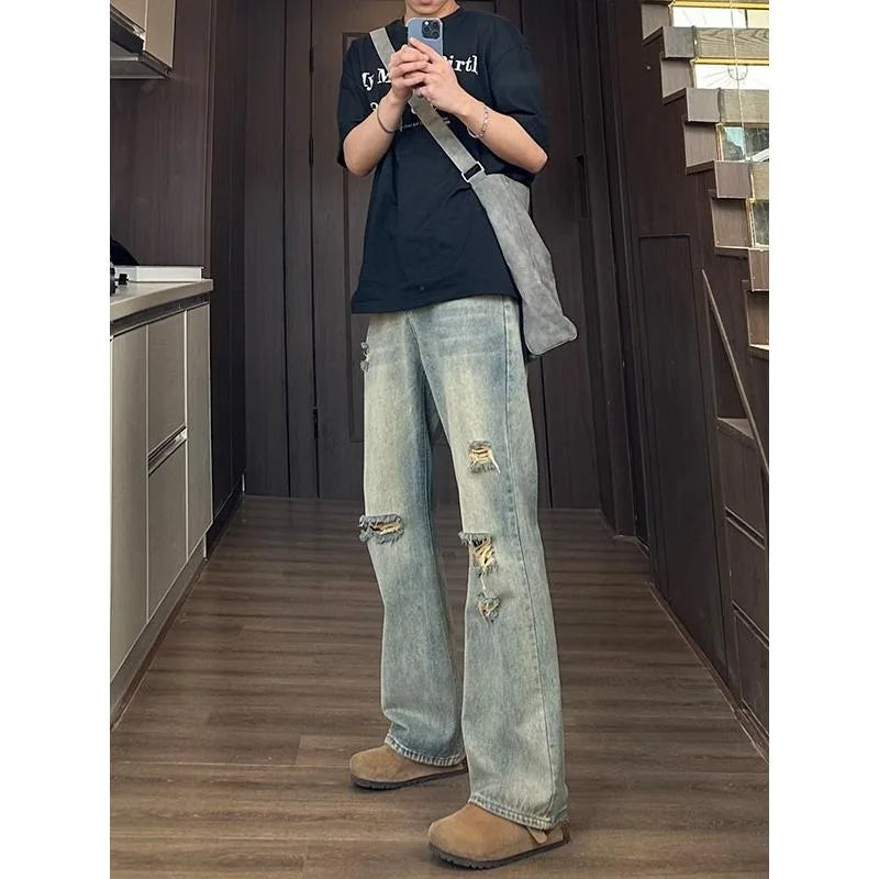 Men's Loose Fit Distressed Denim Jeans for Casual Wear