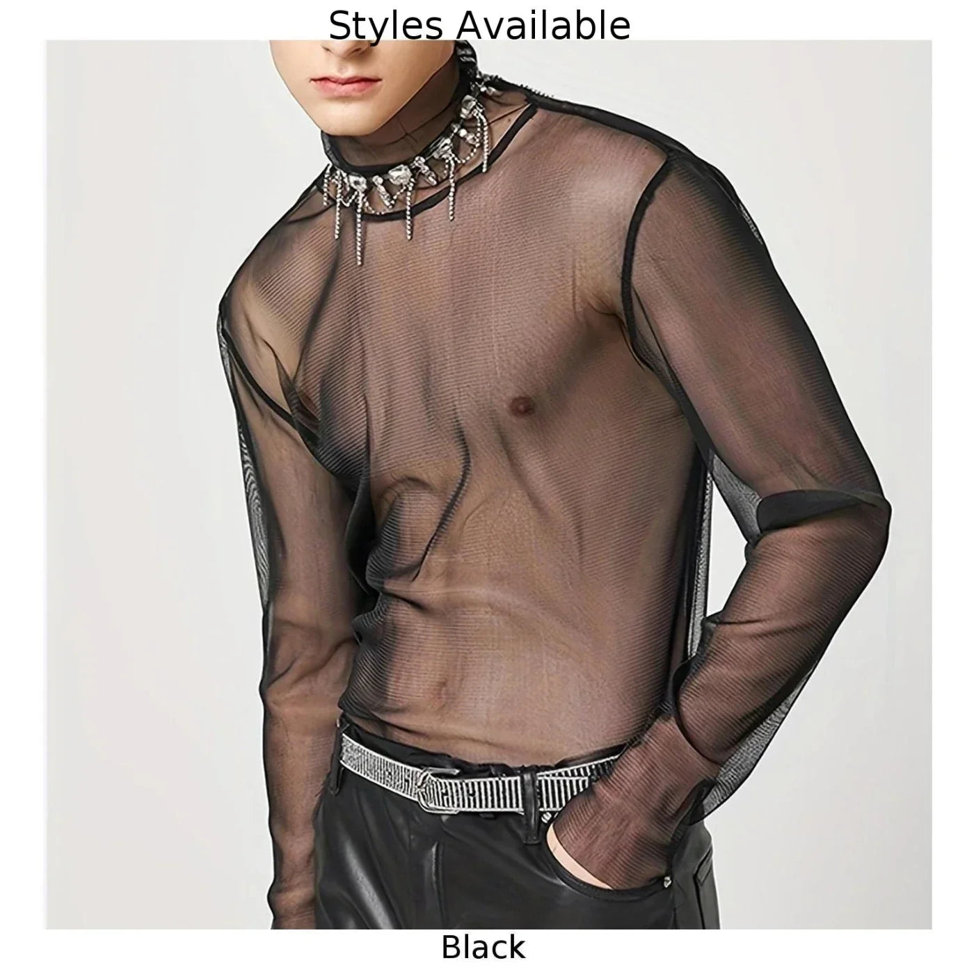 Sexy Mens Streetwear Mesh Transparent Turtleneck Long Sleeve Tops Solid Color Summer T Shirts O Neck Tee for Men Black Color