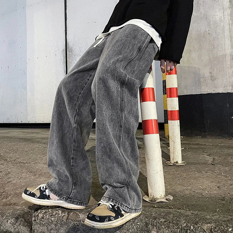 Men's Casual Loose Wide Leg Jeans in Black Grey Blue