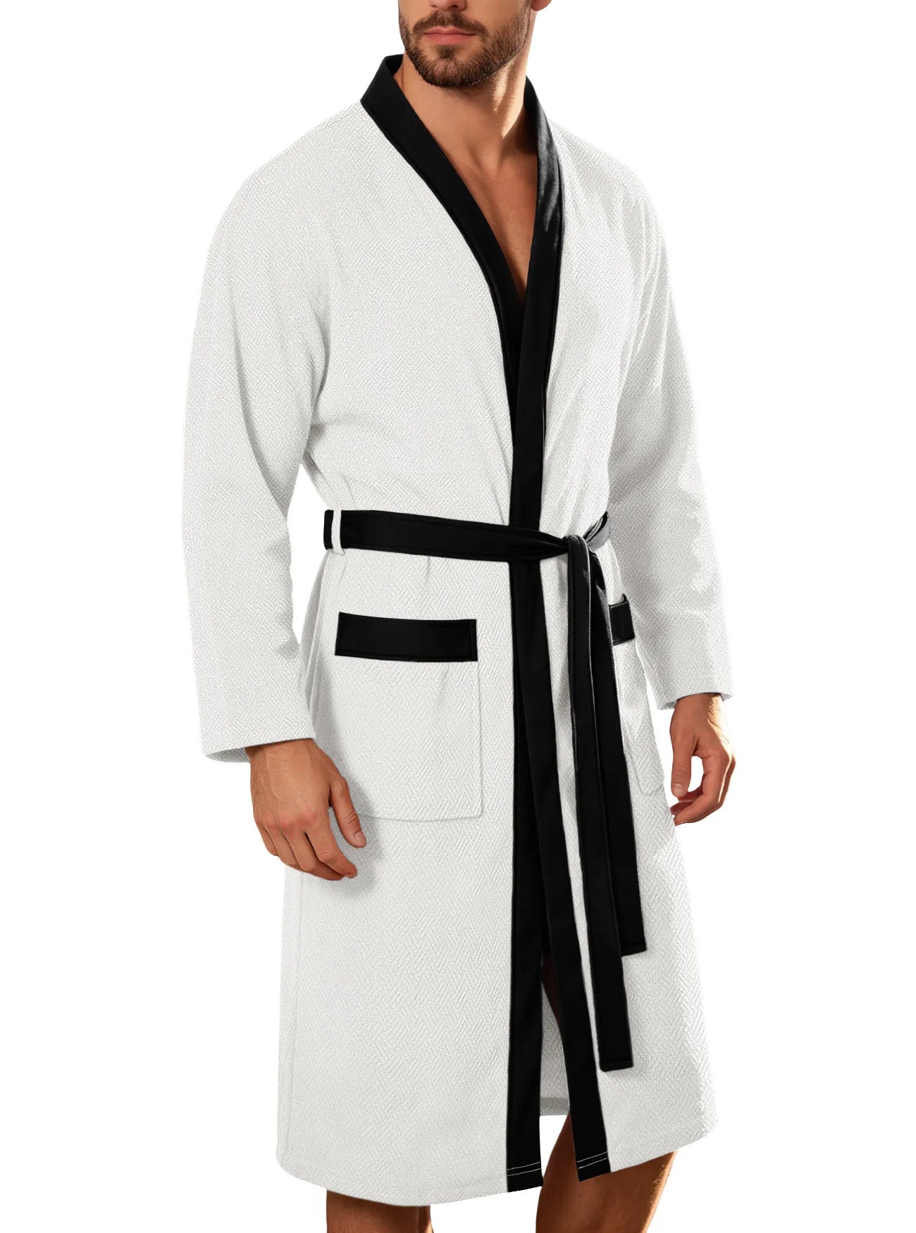 Men's Bathrobe Soft Nightgown Pajamas Robe Male Dressing Gown Mens Bath Robes With Belt Pockets Solid Sleepwear Home Clothes
