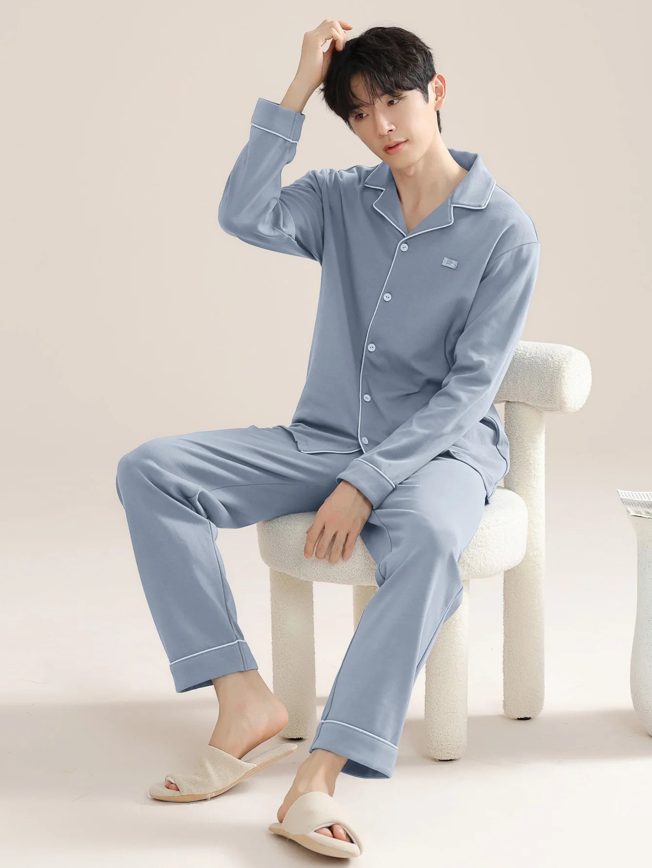 Men's 100% cotton long sleeved four season plus size men's sleepwear, teenage pure cotton home suit set for warmth