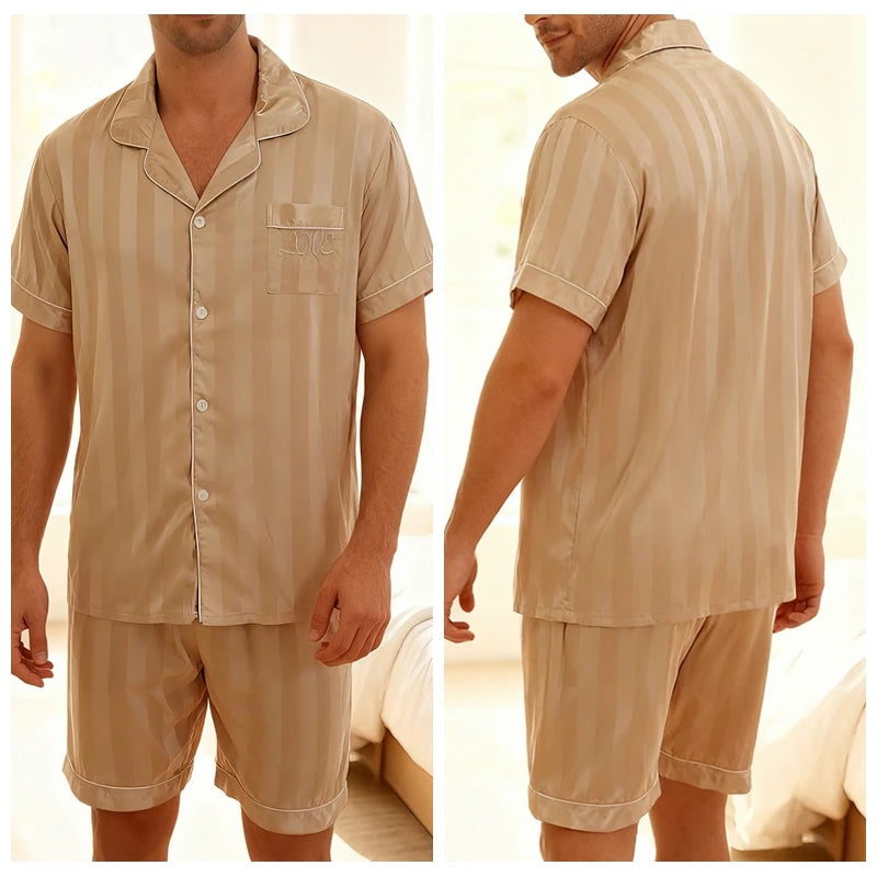 Men'S Sleepwear Set Featuring a Short-Sleeve Top And Shorts with Burgundy Striped Embroidery Button Up Pajamas Sets Nightwear