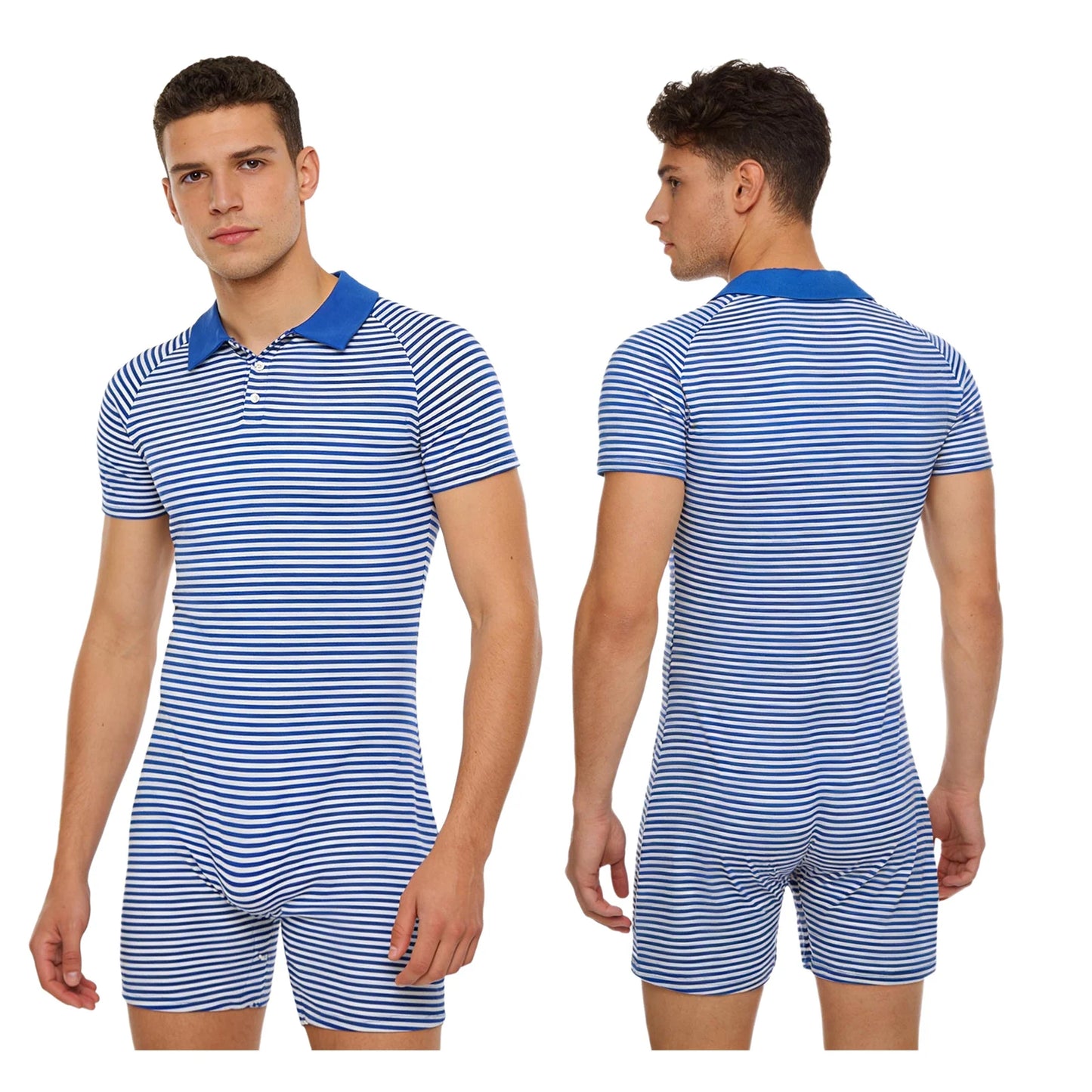 Mens Adults Striped Pajamas Bodysuit Cozy Homewear Turn-down Collar Buttoned Crotch Short Sleeve Rompers Underwear Loungewear