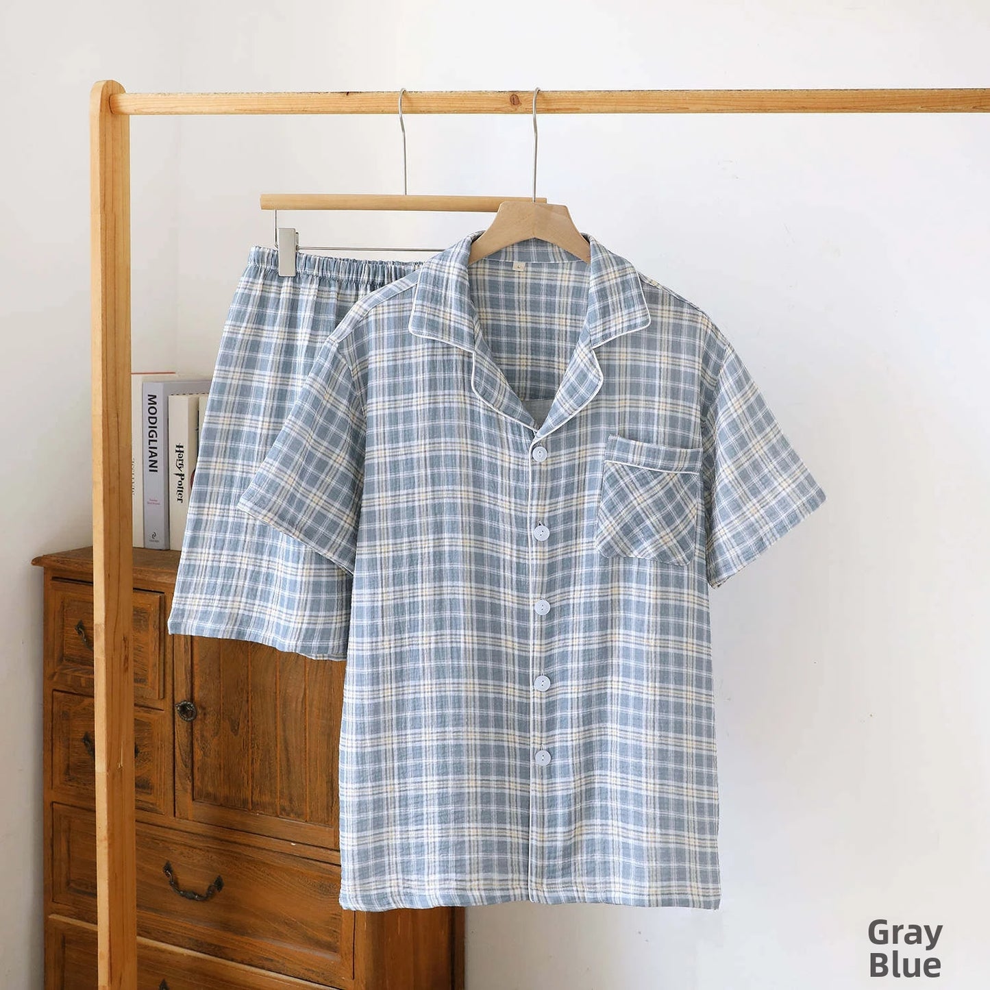 Men's 2-Piece Pajama Set - Japanese Plaid Sleepwear, Cotton Gauze Short Sleeve & Shorts, Lightweight & Breathable Relaxed Fit, S