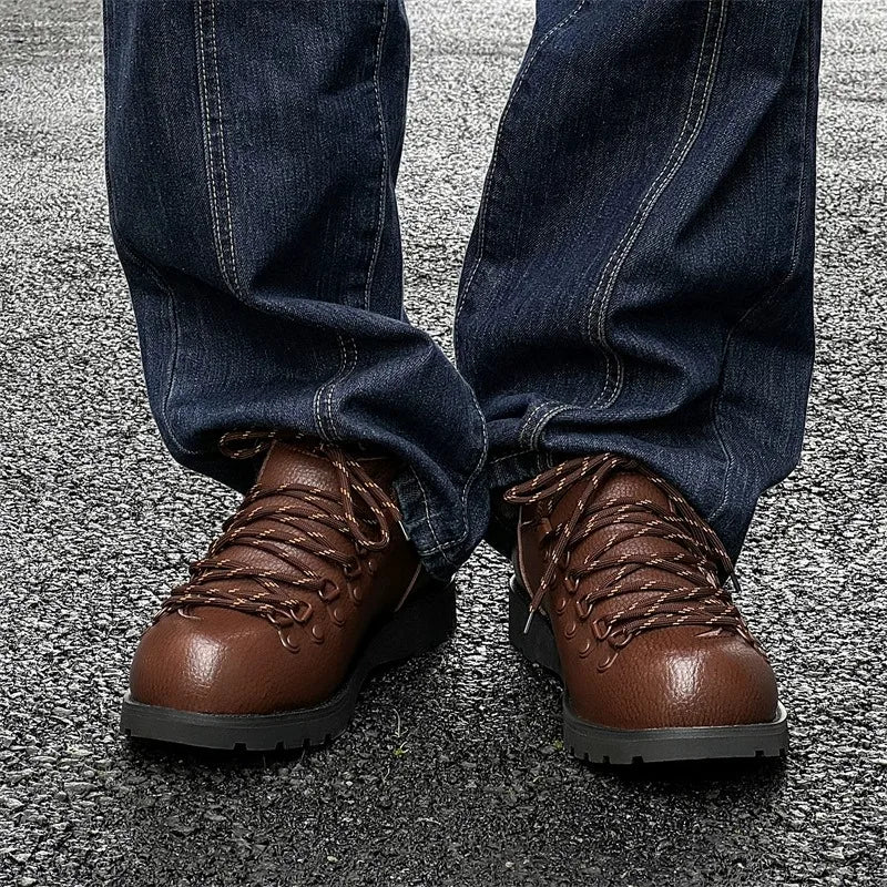 Leather Casual Shoes for Men with Lace-Up Closure