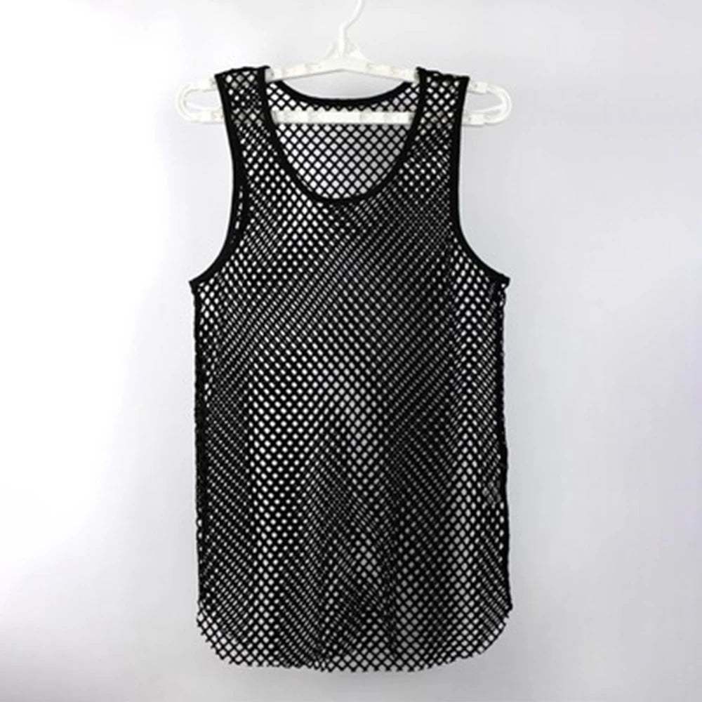 Mens Sexy Tank Top Transparent Mesh Undershirt Fishnet Vest String Sleeveless Shirts Male See Through Night Clubwear Slim Sport