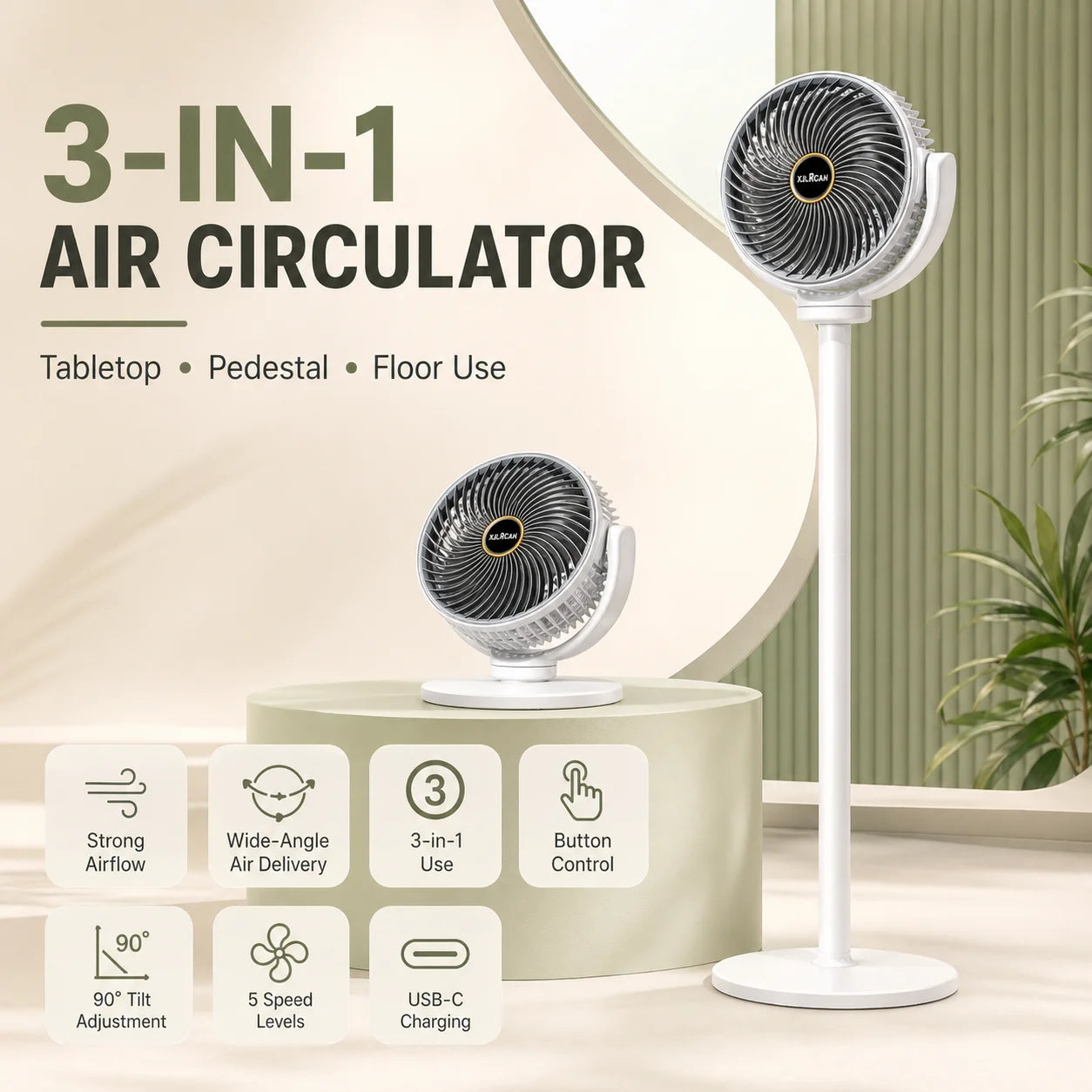 3-in-1 Air Circulator Fan 5 Speeds Portable Stand Fan