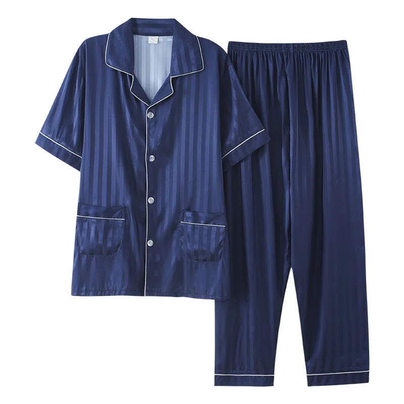 Summer Striped Men Sleepwear Suits Silk Mens Pajamas Turn-down Collar Cardigan Short Sleeve Long Pants Male Pyjamas