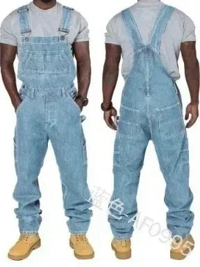 Casual Men’s Denim Overalls with Pockets and Elastic Waist