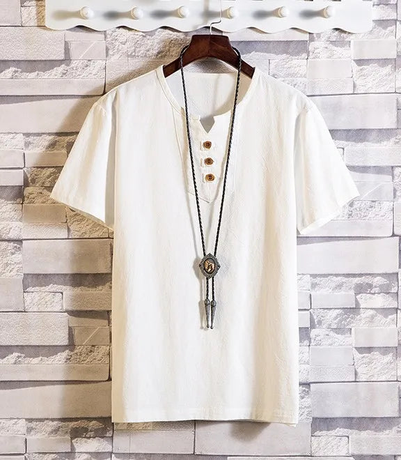 Men's Casual V Neck Short Sleeve Linen T-shirt