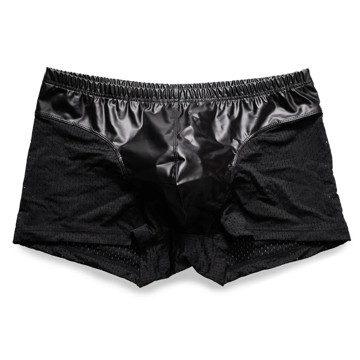 Men's Black Faux Leather Boxer Shorts with U Convex Pouch