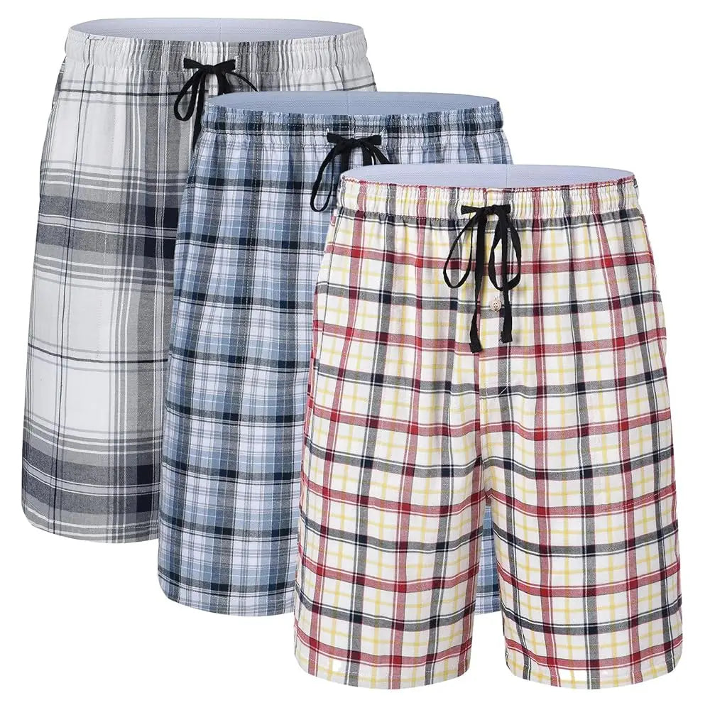 100% Cotton 3Pcs Mens Underwear Boxers Shorts Male Breathable Loose Pajama Sleep Bottoms Shorts Plaid Comfortable Homewear