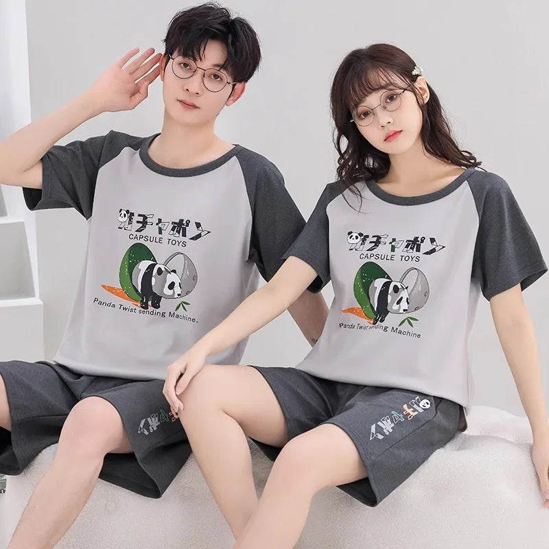 Couples Home Suit Women's Sleepwear Suit Man's Pajamas Set Cotton Short Sleeves Sleep Tops Shorts Pyjamas Nightwear Mujer Homme