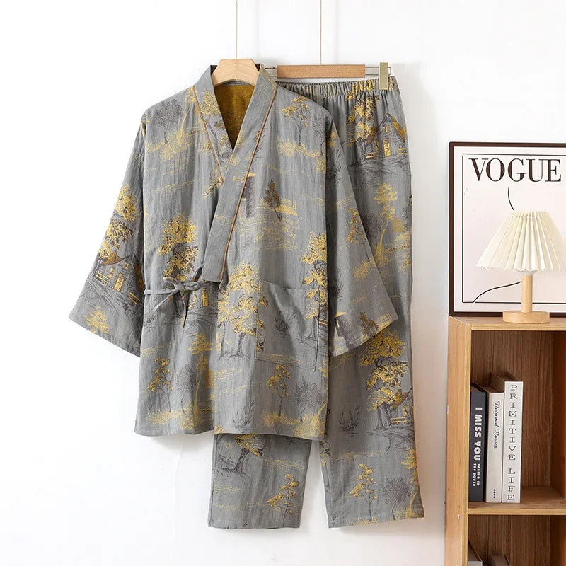 Comfortable Loose Homewear Sleepwear Set Japanese Style Men's Cotton Kimono Pajamas Set - Long Sleeve Robe with Pants