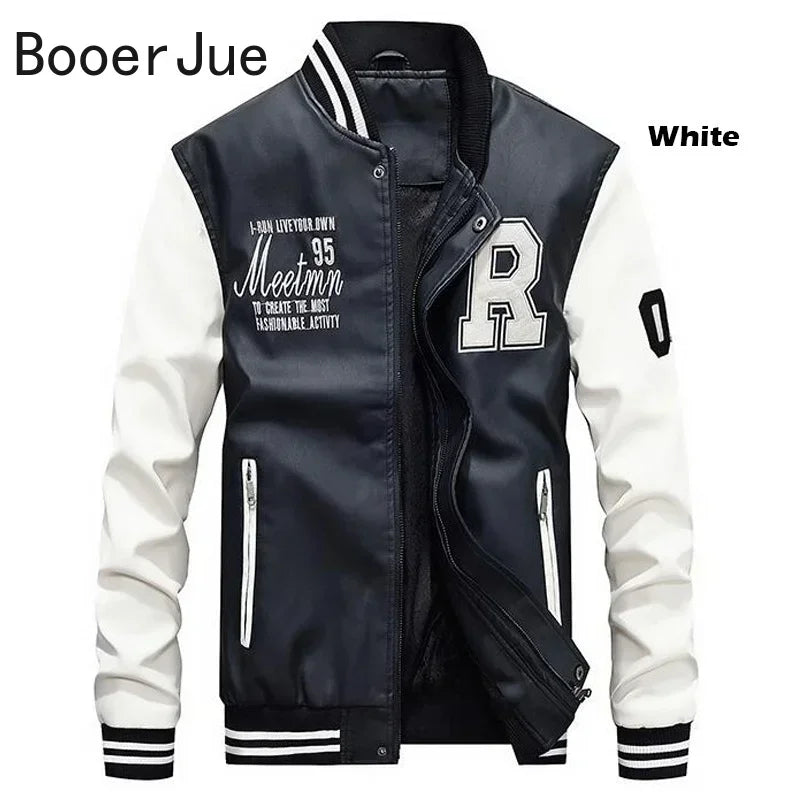 Bomber Jacket Men Leather Fleece Casual Zipper Coat