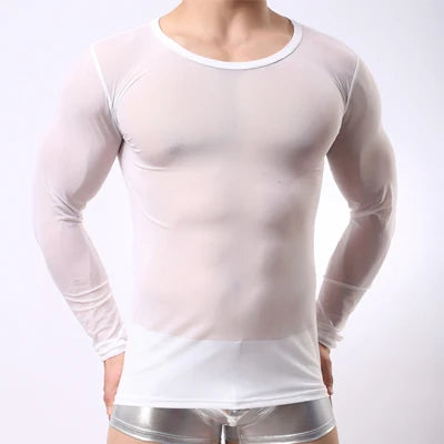 Mens Sexy Transparent T-shirt Sheer See Through Mesh Long Sleeve T shirt Tops Undershirt Fitness Tight Black/White Lounge Tees