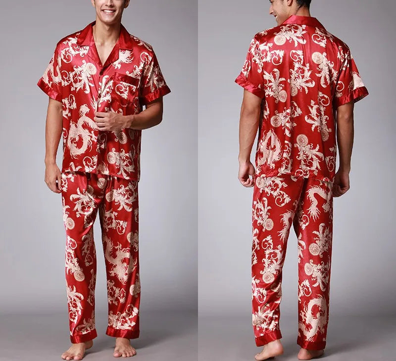 2026 Spring Summer Loungewear Short Sleeves Long Pants Pajama Set Men Printed Satin Silk Pyjamas Male Pajamas Household Clothes
