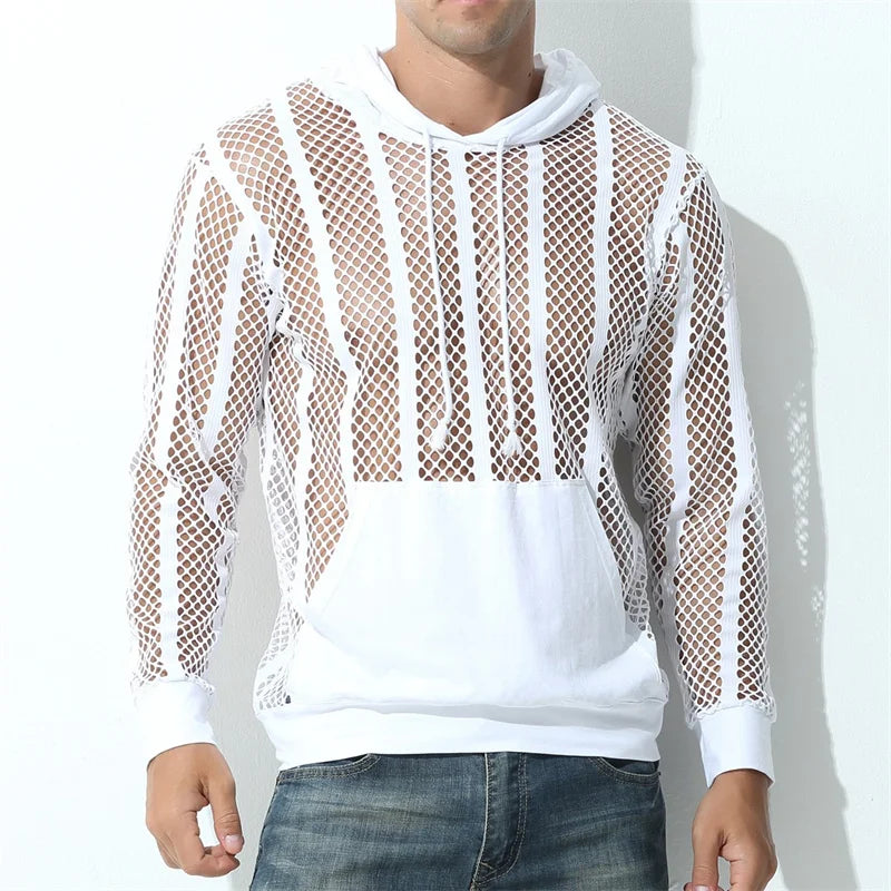 Mens Undershirts Hoodies Sexy Transparent Mesh Shirts Fishnet Hollow Out T Shirts Sport Fitness Nightclub See Through Tees Tops