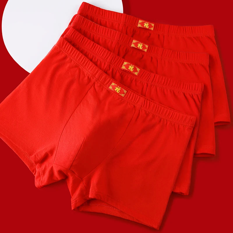 2026 + 2/4Pcs Brand New Year Red Print Pure Cotton Men Underwear