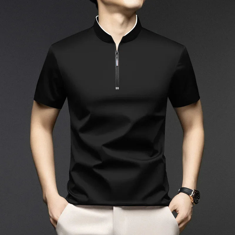 Men's Casual Zipper Polo Shirt in Solid Color
