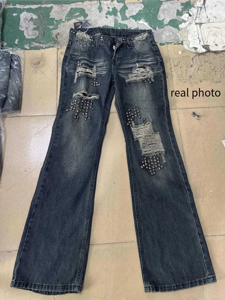 Vintage Y2K Studded Patchwork Denim Jeans for Men