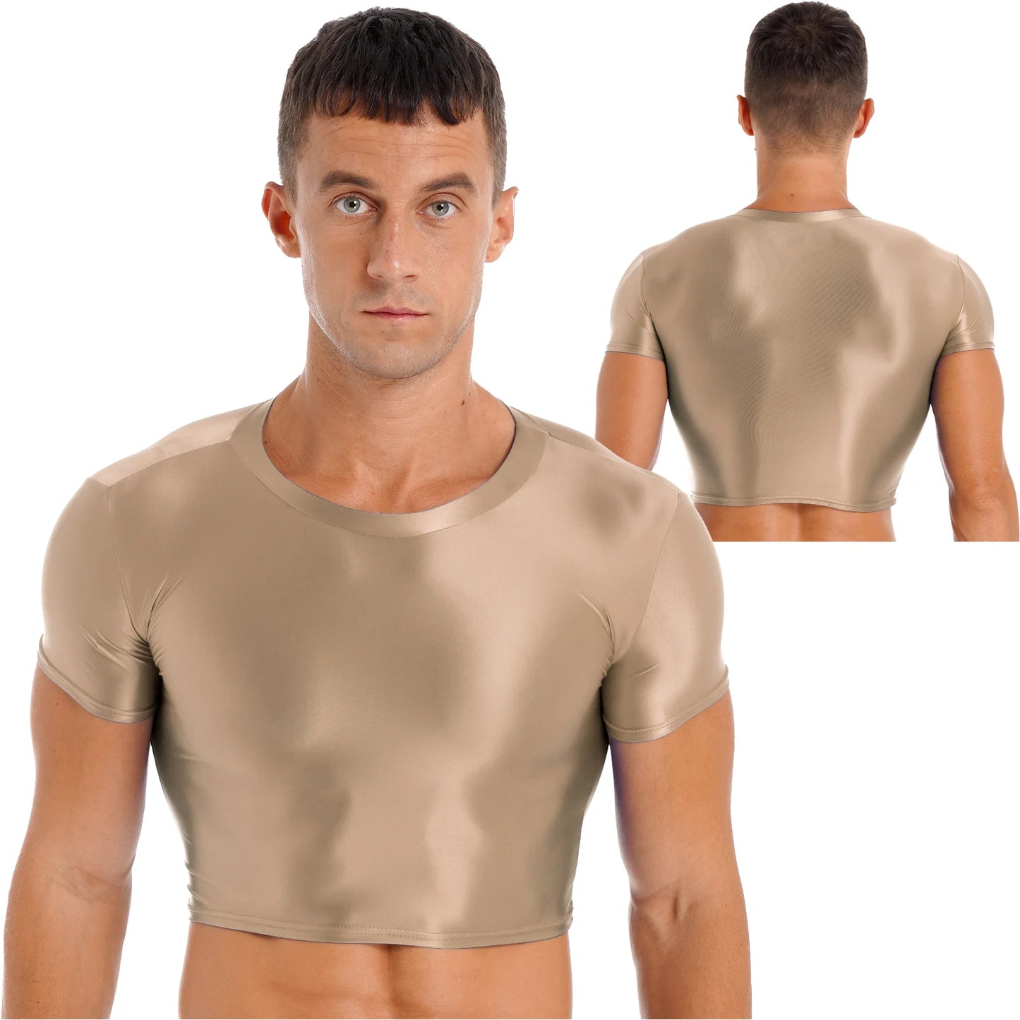 Mens Glossy Crop Top Short Sleeve Oil Shiny Slim Fit Sports Fitness T-shirt Tee Workout Cheer Booty Dance Tops Swimwear Clubwear