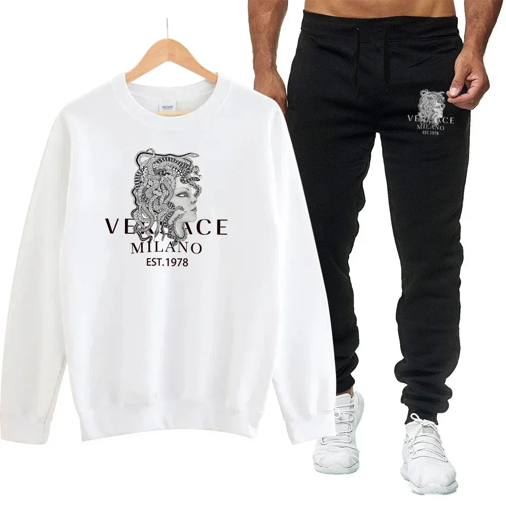 Men's Autumn Round Neck Sweatshirt + Sweatpants Luxury Print Simple Casual Versatile Casual Sports Two-piece Set for Men