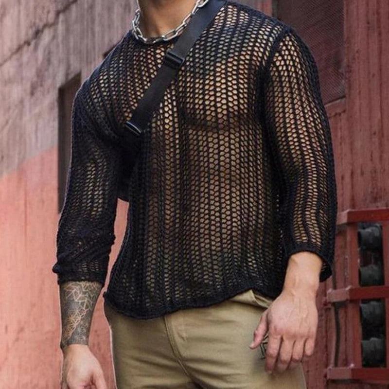 Mens Long Sleeve T-Shirts Sexy Sheer Mesh Fishnet Clubwear Tops Tee Outwear Gym Training Hollow Out See Through Tops