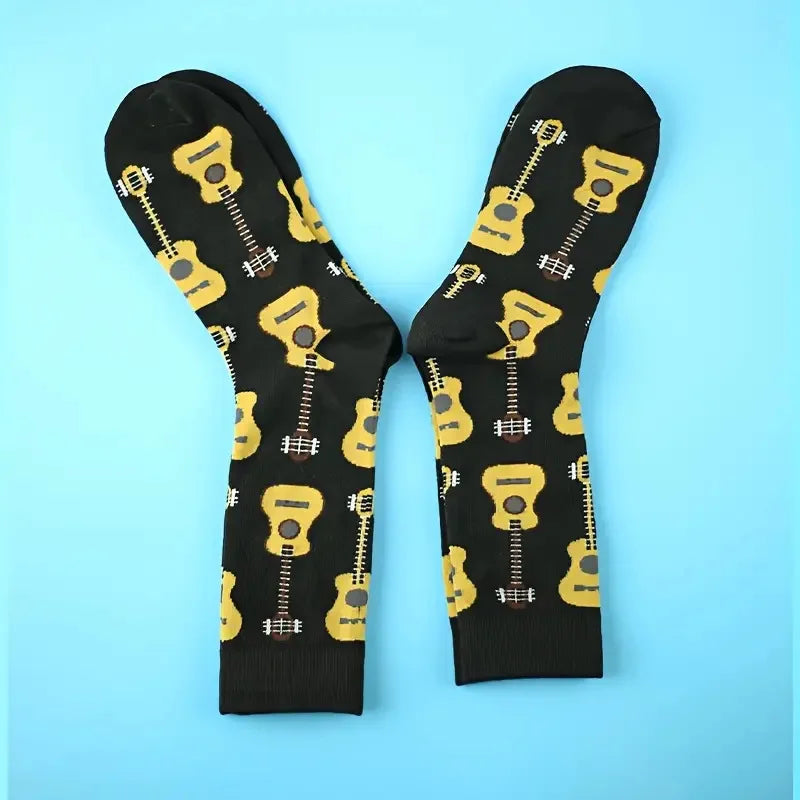 Men's Cartoon Guitar Print Crew Breathable Comfortable Socks Casual Street Style Socks For Men's Outdoor Wearing All Seasons Wea