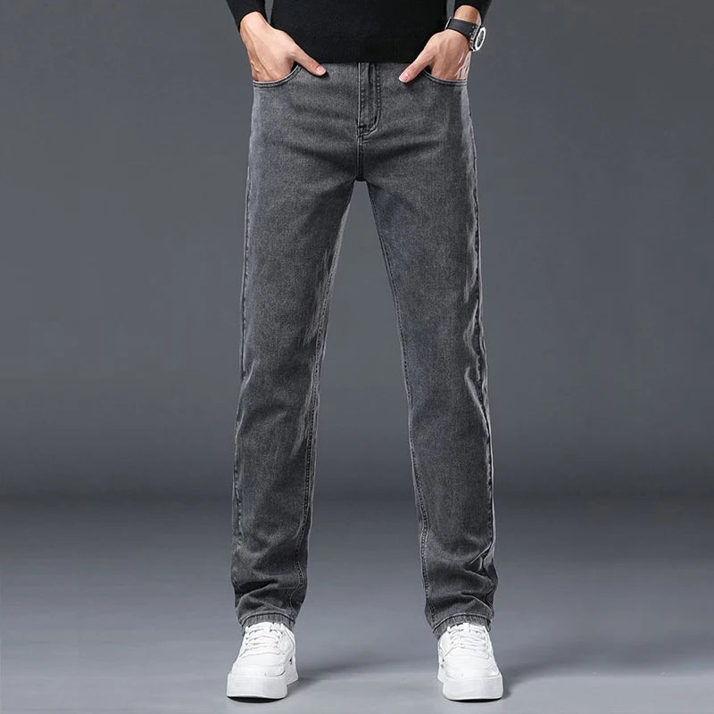 Men's Slim Fit Elastic Jeans Gray Casual Denim Pants