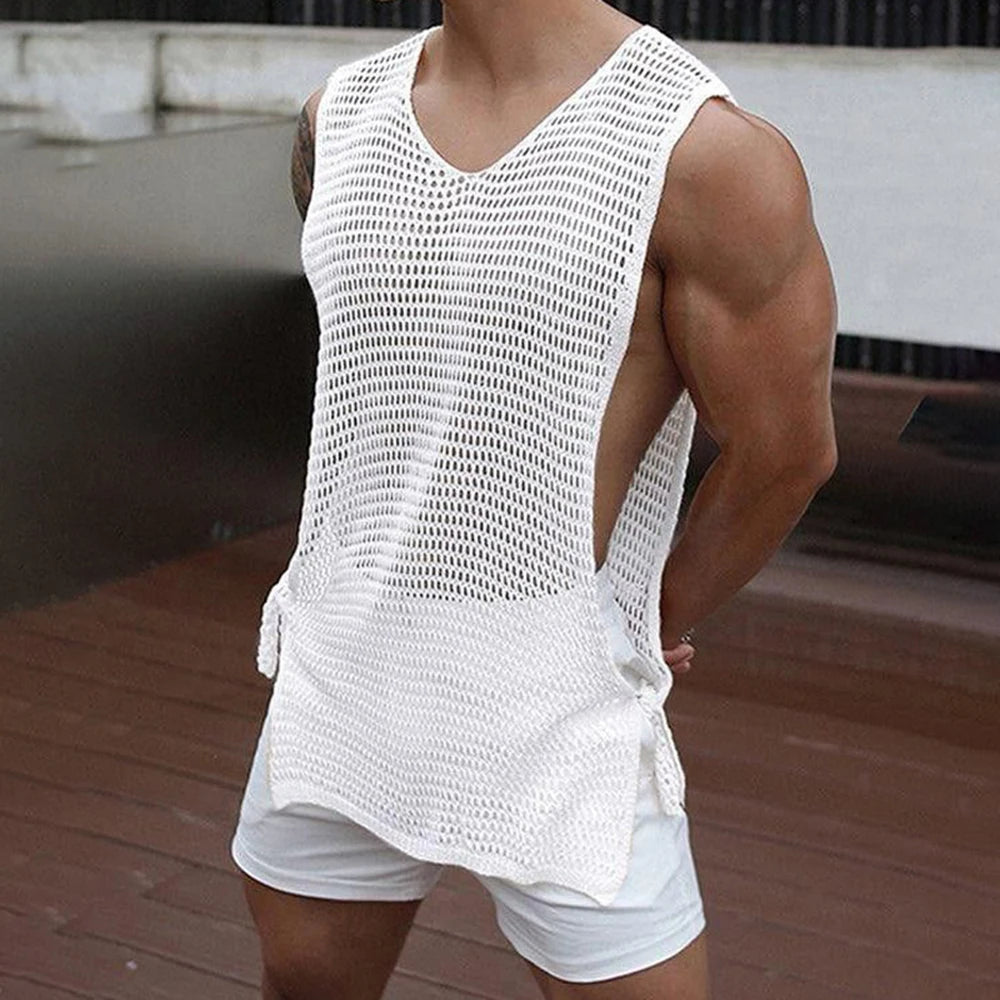Mens Vest Side Hollow Straps See-Through Tank Top Summer Streetwear Niche Gym Loose Sleeveless T-Shirt Men'S Clothing 2025 New