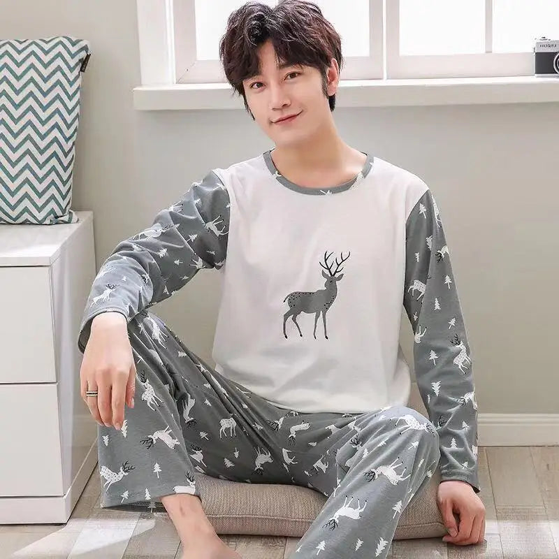 2 Sets of Men Pajamas Set of Long-Sleeved Long Trousers Students Sleepwear Homewear Cartoon O-Neck Striped Nightwear Loungewear