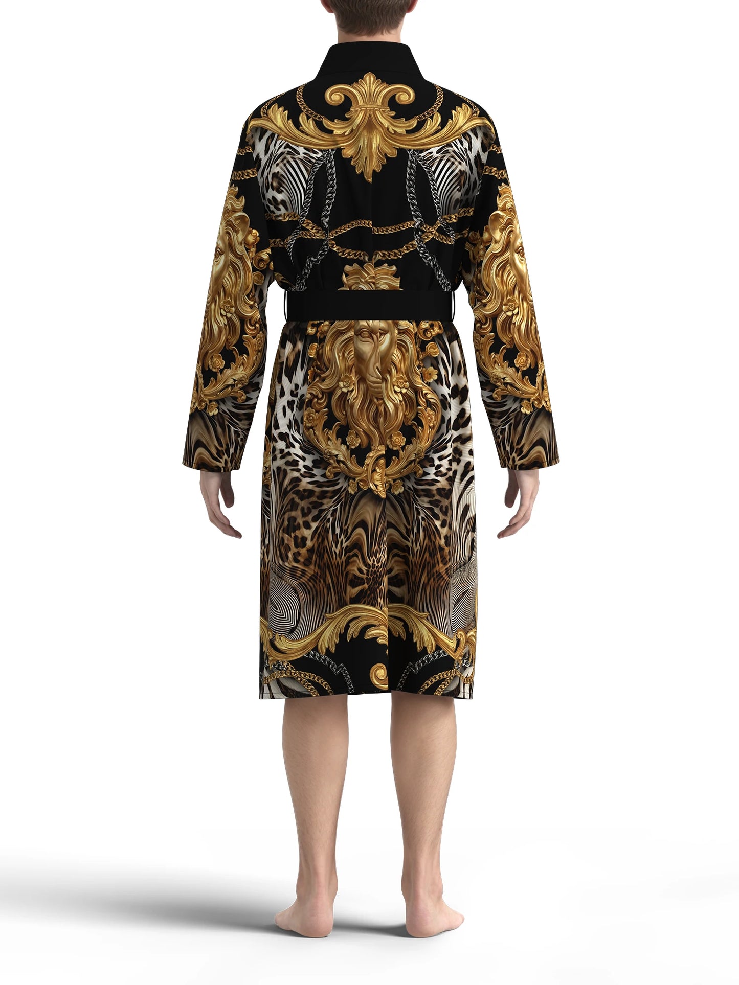 Men's Luxurious Baroque Lion Head Print Kimono Bathrobe Gold Leopard Print Long Sleeve Lounge Clothes Casual Nightgown