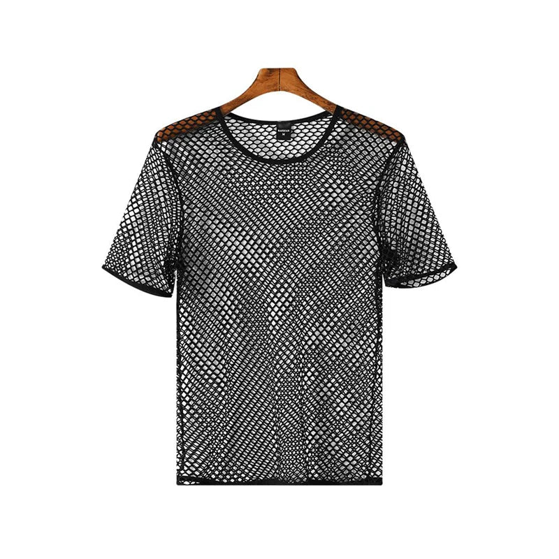 Mens Mesh See Through T Shirt Ice Cool Breathable Fishnet Hollow Out Short Sleeve