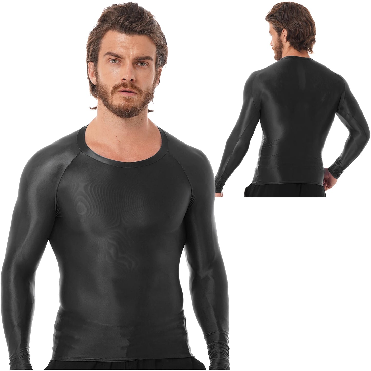 Mens Sports T-Shirts Tops Slim Fit Breathable T-Shirts Tops Glossy O Neck Long Sleeve Transparent T-shirt Running Undershirts