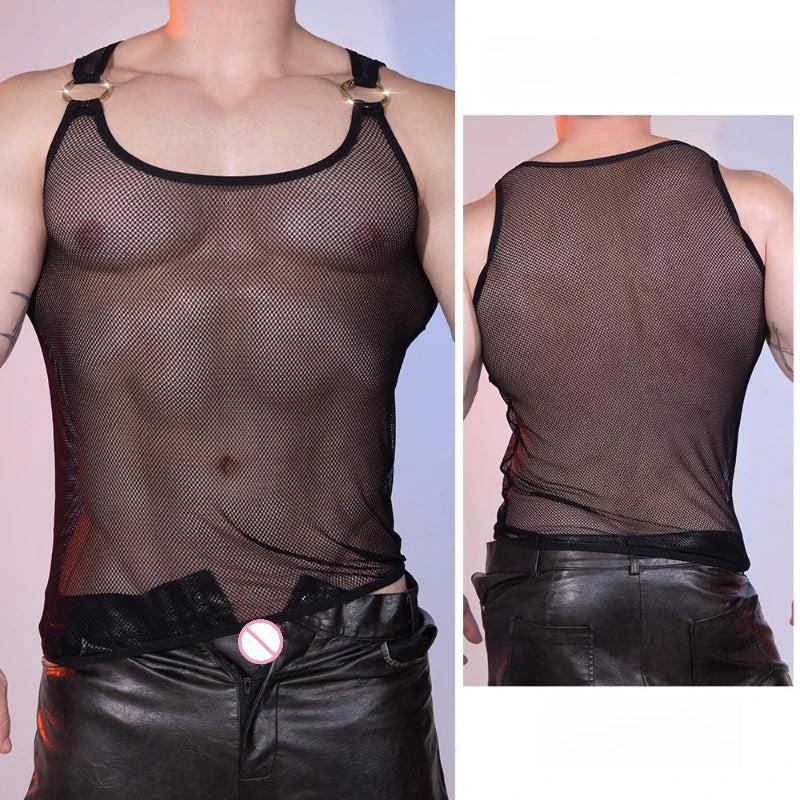 Men's Tops Vest Mesh Transparent High Elastic Ultra Thin Sexy Hollow Undershirt Underwear Bodybuilding Sleeveless Tank Tops