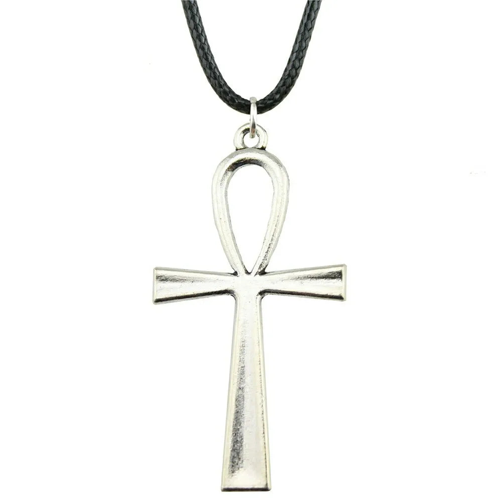 Ankh Cross Pendant Necklace Black Leather Chain Necklace