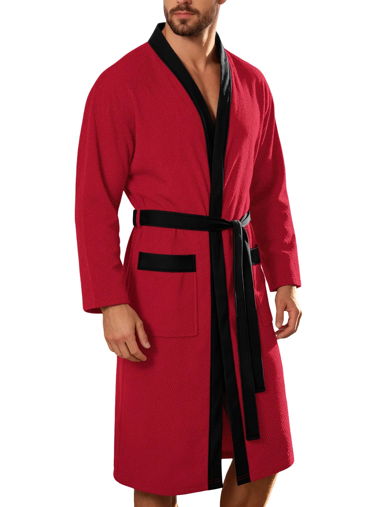 Men's Bathrobe Long Sleeves Kimono Style Spa Robe with Belt Pockets Soft Comfortable Sleepwear Loungewear for Home Hotel Use