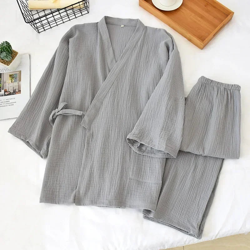 2026 Men's 100% Cotton Cotton Crepe Cloth Pajamas Sets Plus Size Loose V-neck Kimono Bathrobes and Pants Couple Lounge Sleepwear