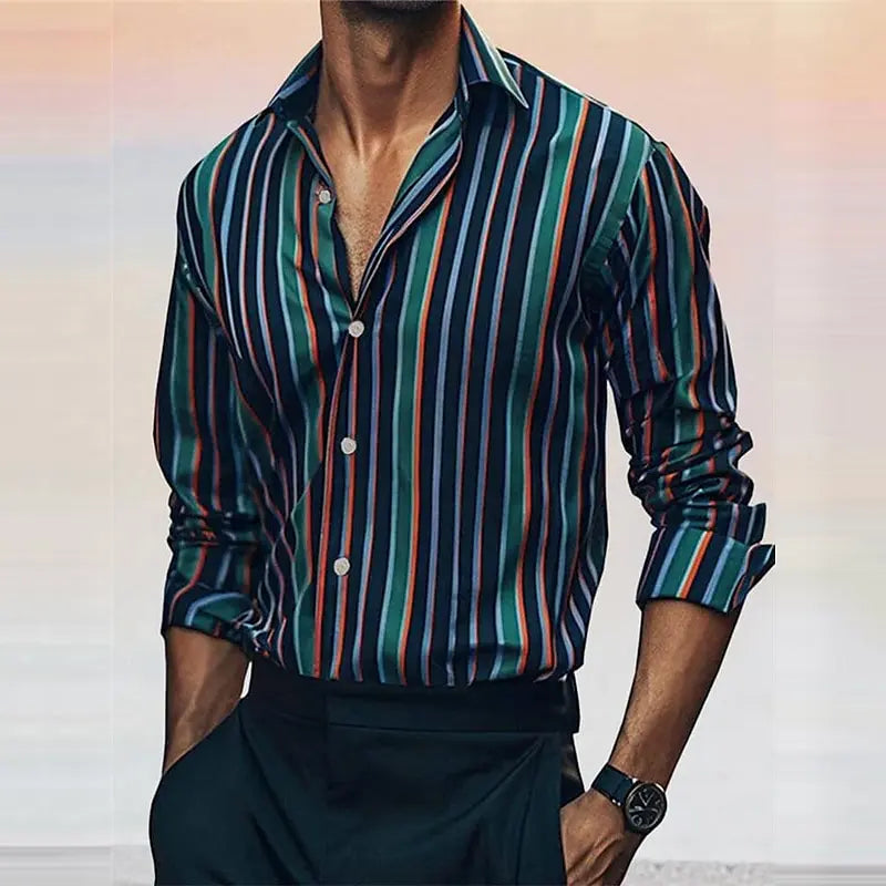 Men's Casual Long Sleeved Striped Shirt in Polyester