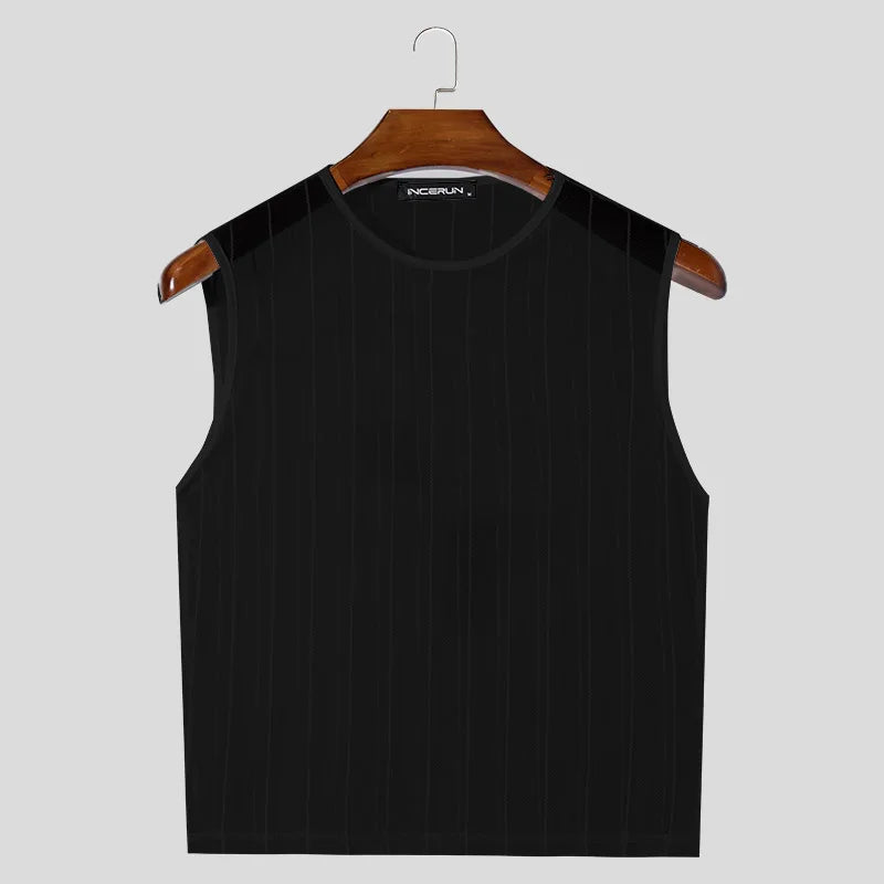 Men Tank Tops Mesh See Through O-neck Sleeveless Sexy Striped Male Crop Tops Streetwear Summer Party Fashion Men Vests S-5XL