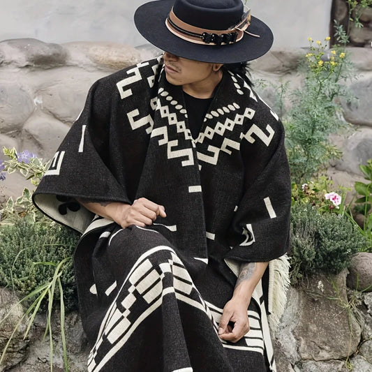 Men's Knitted Fringed Cape Pullover Shawl for Winter
