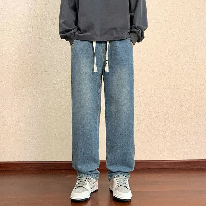 Men's Loose Fit Straight Leg Jeans in Blue Black Grey