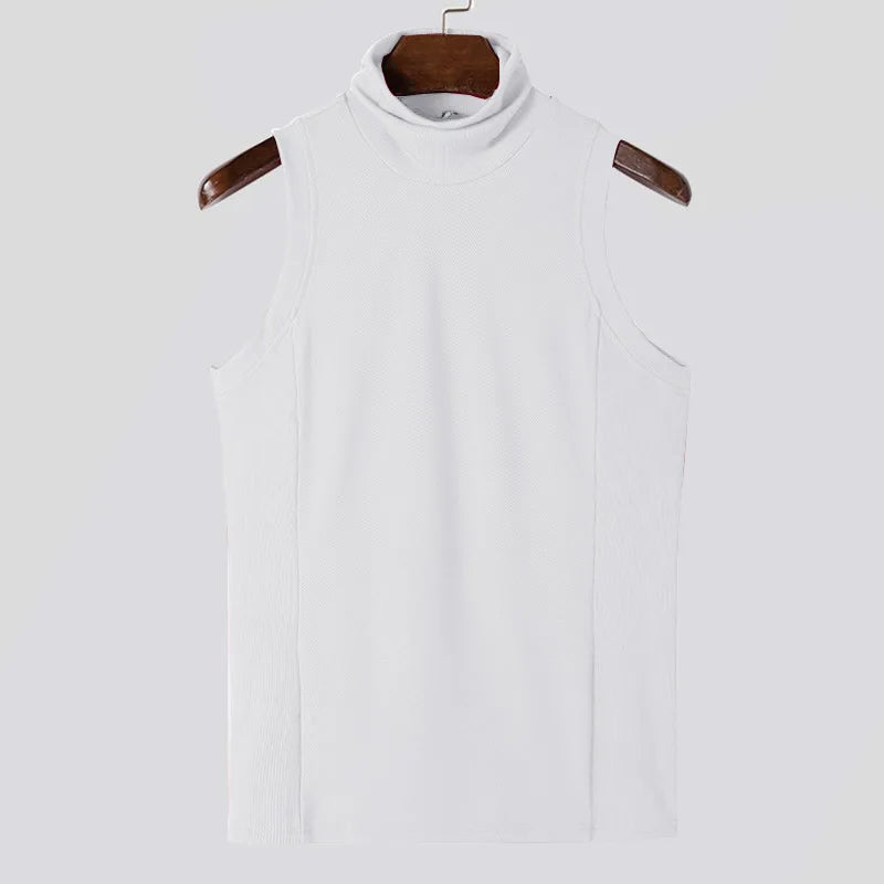 Men's Clothing Sexy Skinny Solid Color Tank Tops High Colalr Sleeveless Gym Streetwear Leisure Vests Party Basic Shirt S-3XL